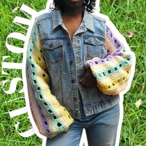 Upcycled Denim Jacket with Pastel Crochet Balloon Sleeves